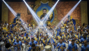 Membros da escola de samba Unidos da Tijuca ensaiam para o carnaval 2027 com fantasias vibrantes inspiradas no enredo literário.