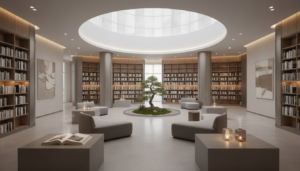 Interior de biblioteca em Seul combinando livros e elementos sensoriais