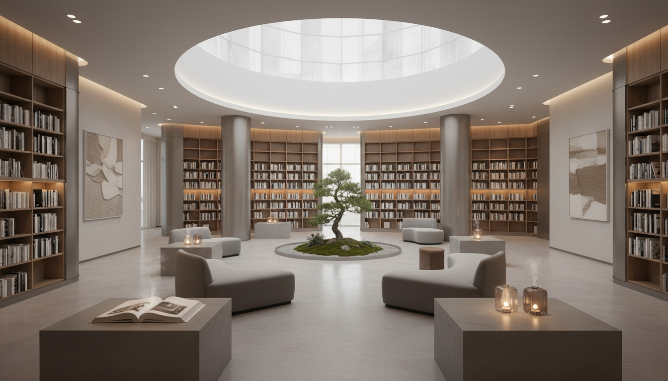 Interior de biblioteca em Seul combinando livros e elementos sensoriais