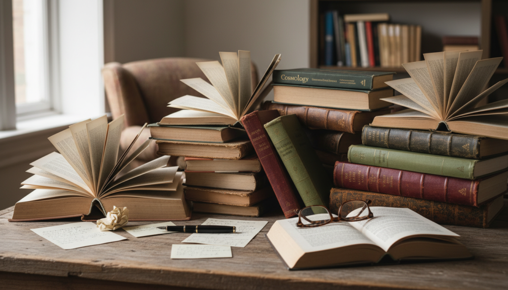 Livros empilhados e materiais de escrita em uma mesa, simbolizando o processo de biografia