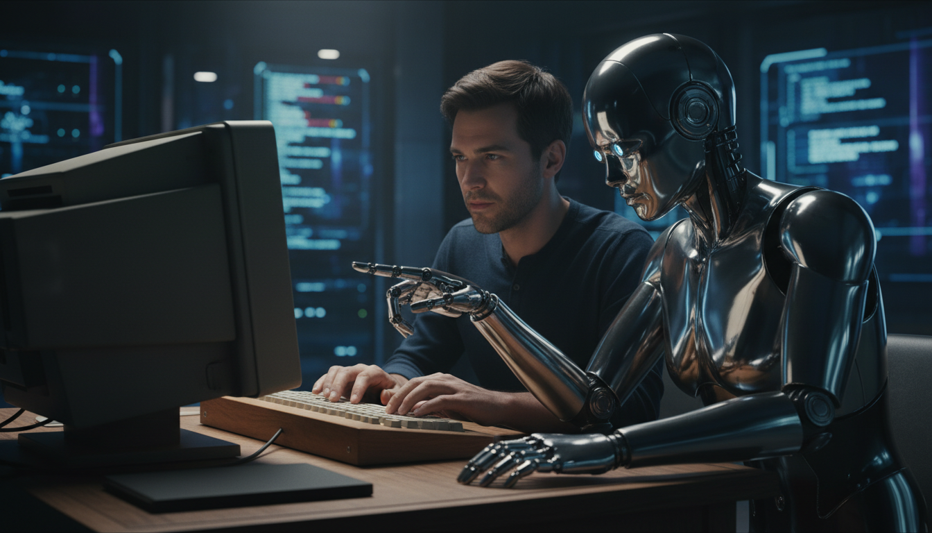 Autor humano e robô observando tela de computador, simbolizando a autoria na era da IA.