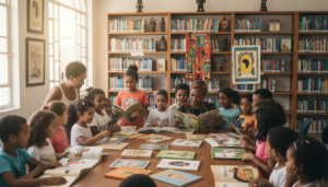 Crianças e adultos participando de um evento de lançamento de livro infantil com foco em cultura afro-brasileira.