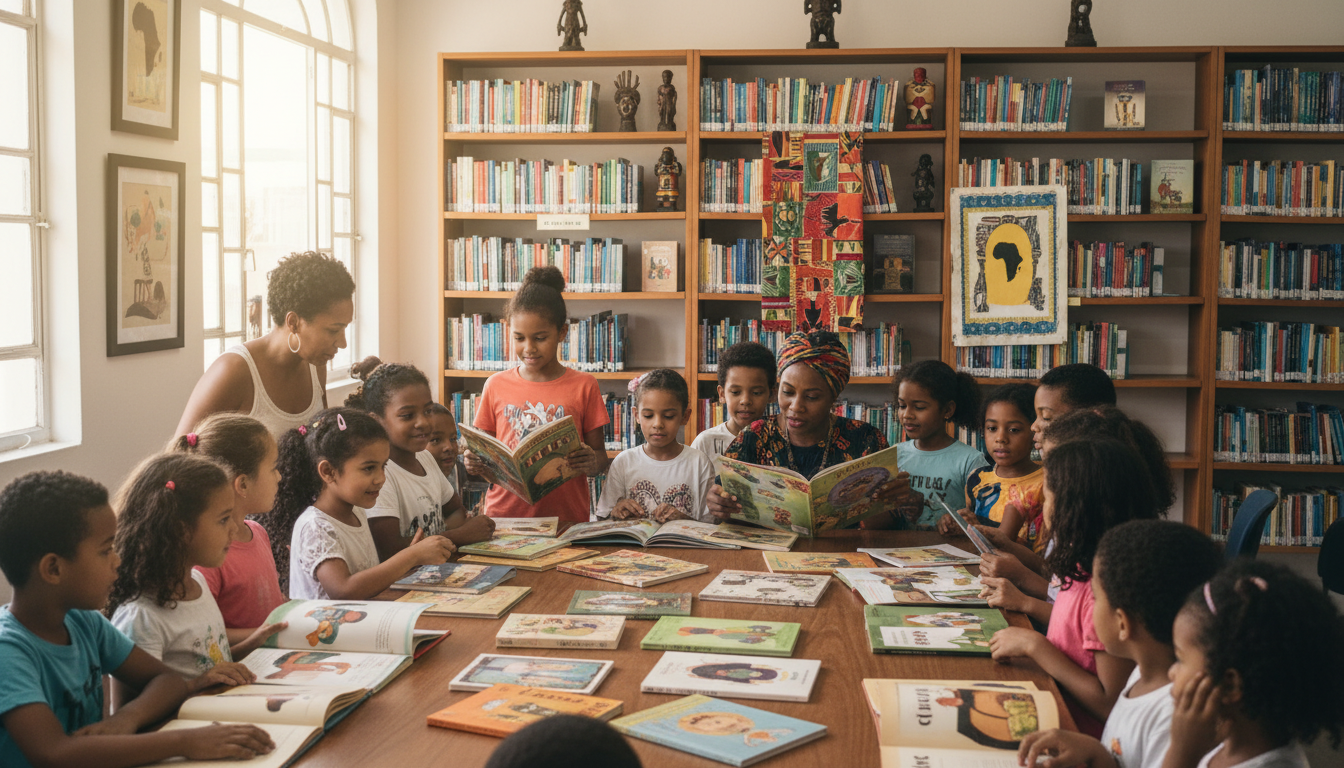 Crianças e adultos participando de um evento de lançamento de livro infantil com foco em cultura afro-brasileira.