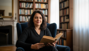 Maria Fernanda Maglio em sua biblioteca, pensando sobre escrita e morte