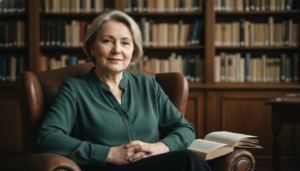 Olga Tokarczuk, escritora vencedora do Nobel de Literatura, em um ambiente de biblioteca.