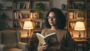 Paulliny Tort, escritora brasileira, em um ambiente de biblioteca.
