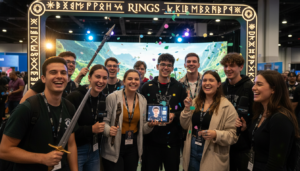 Jovens fãs participam ativamente de um evento de fandom com temática de séries Prime Video, em um estande de criação de conteúdo.