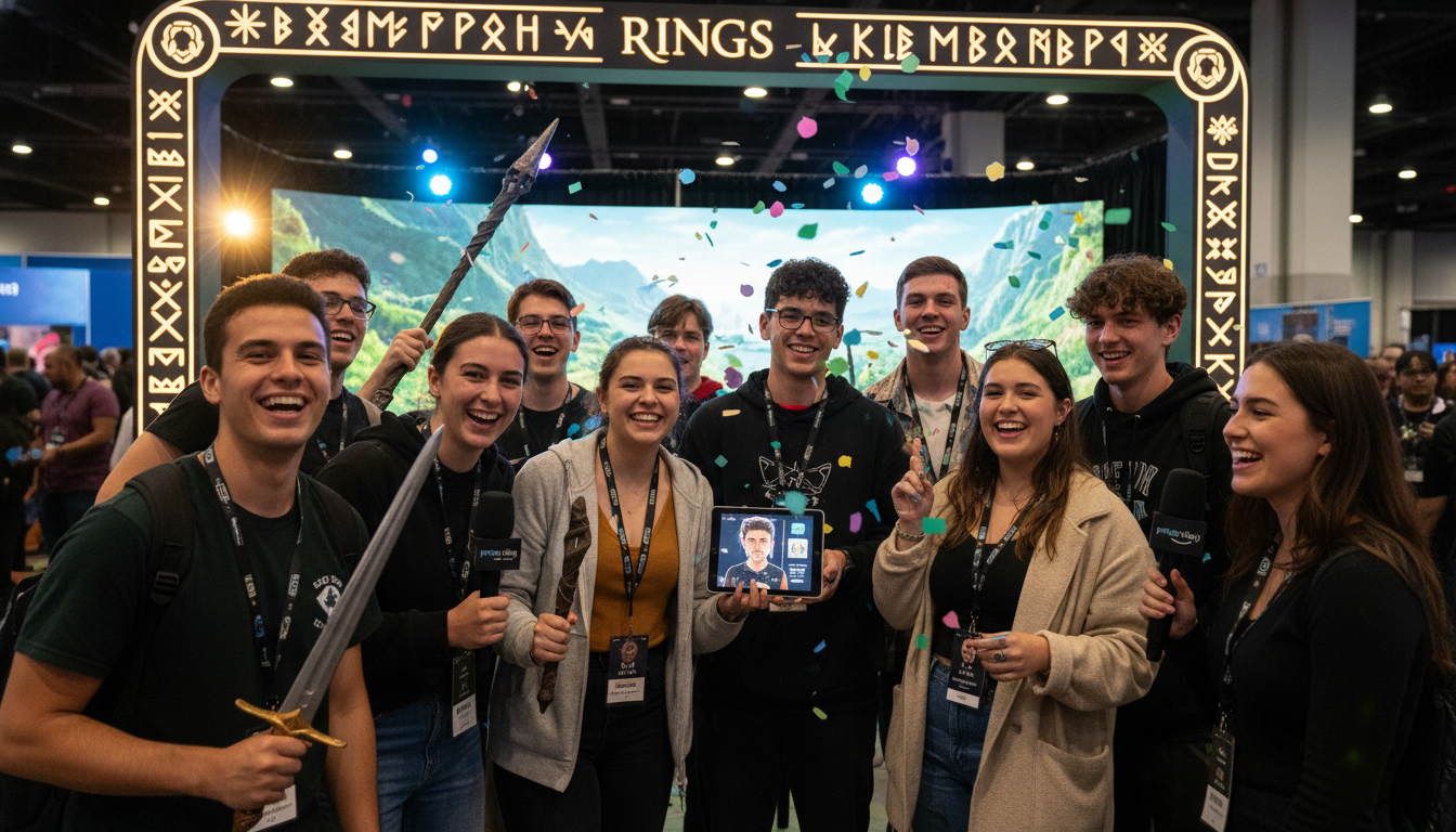 Jovens fãs participam ativamente de um evento de fandom com temática de séries Prime Video, em um estande de criação de conteúdo.