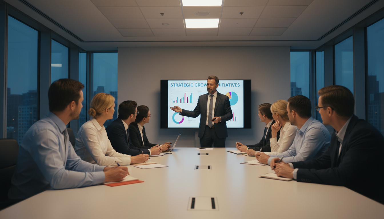 Executivo apresentando dados com storytelling para equipe em sala de reunião
